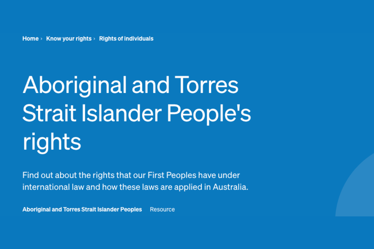 Screenshot of a webpage titled "Aboriginal and Torres Strait Islander People's rights," describing a resource about First Peoples' rights under international law and their application in Australia.